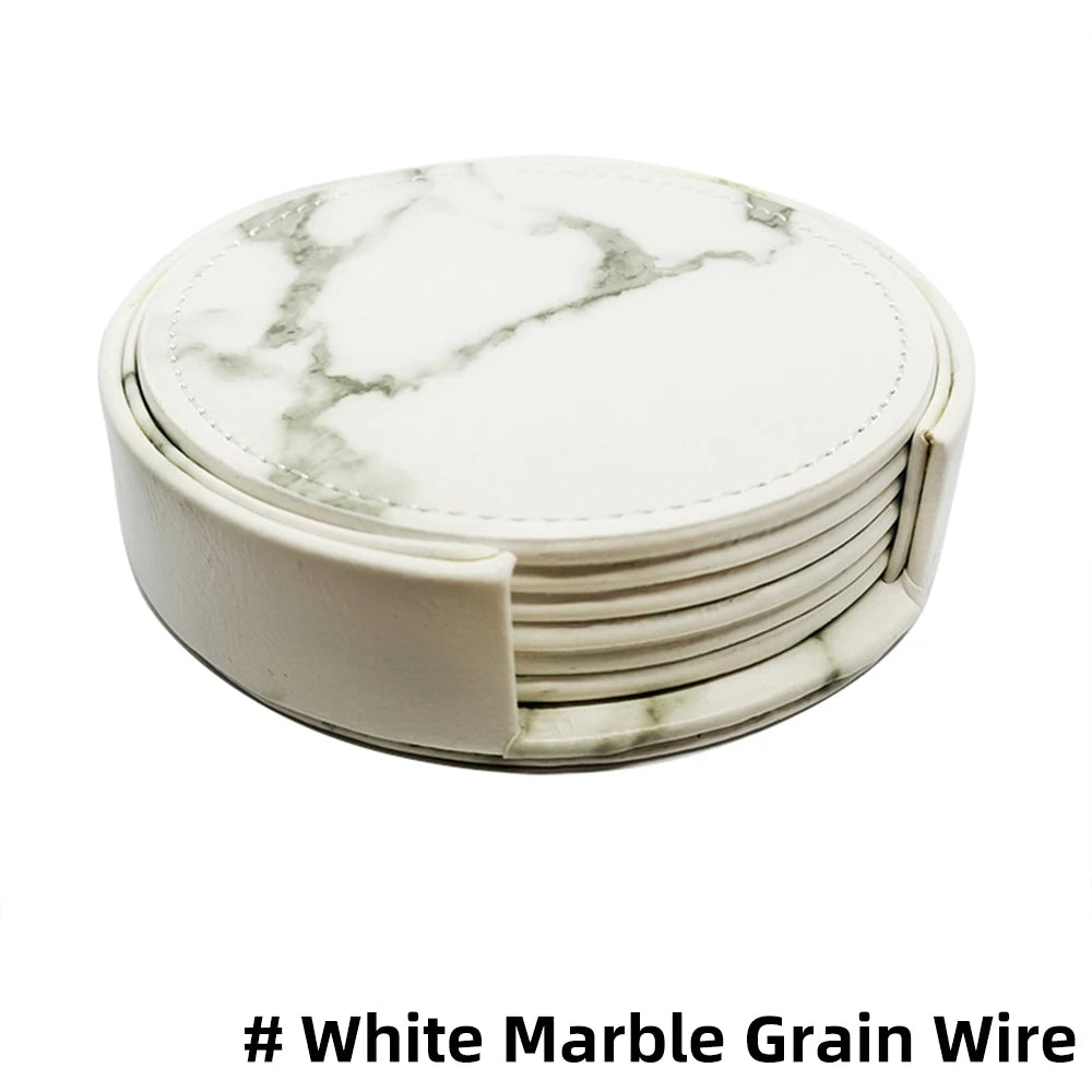 6-Pcs Artificial Leather Marble Style with Holder Drink Coasters