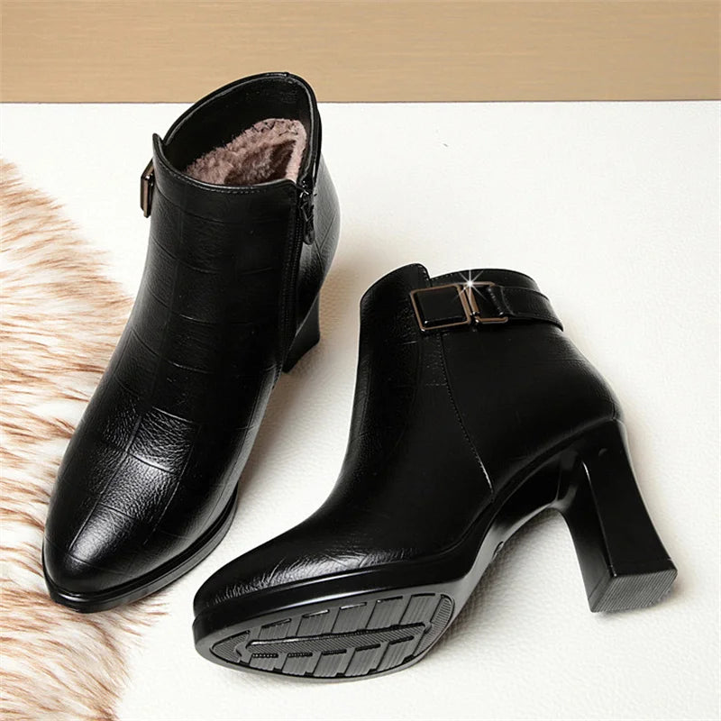 Chunky Heel Soft Leather Side Zipper Design Ankle Boots