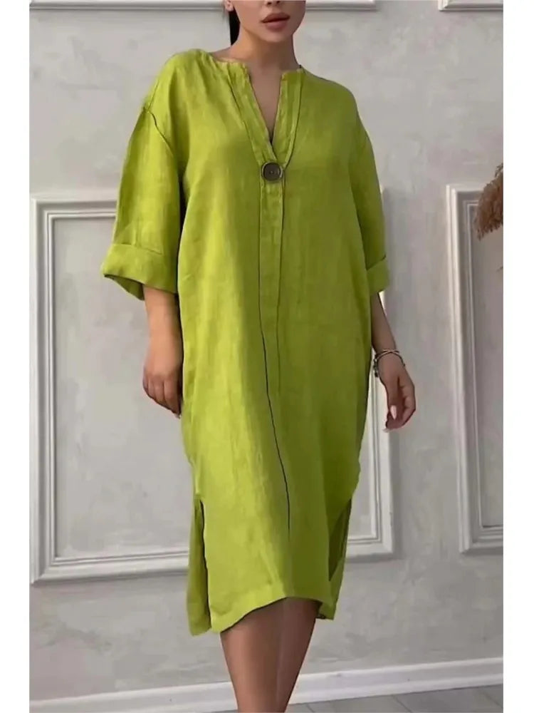 Long Sleeve Linen Solid Color Dress
