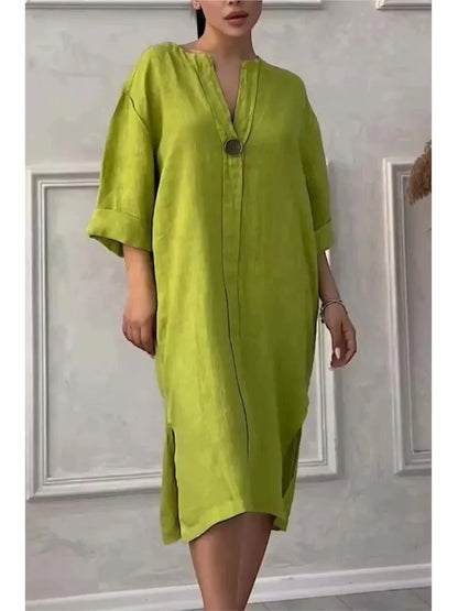 Long Sleeve Linen Solid Color Dress