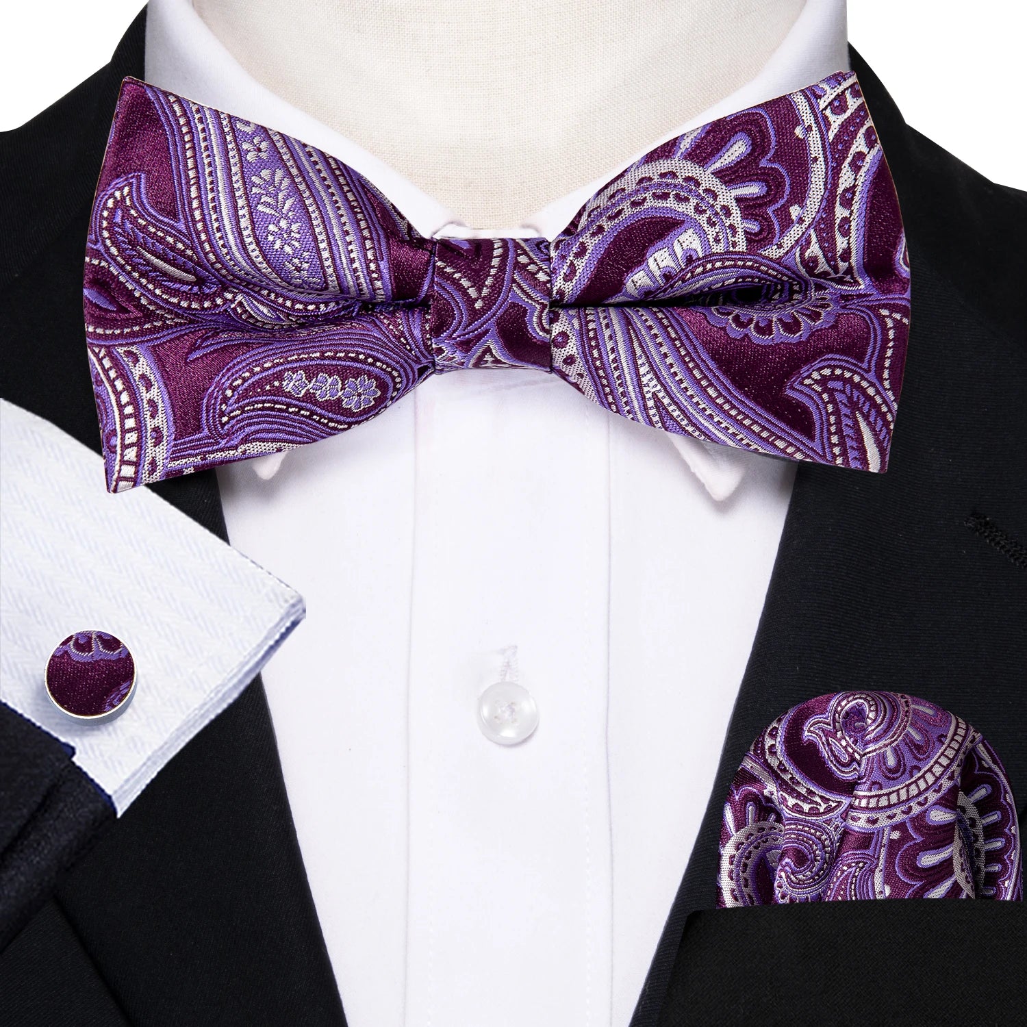 Barry.Wang Silk Bow Tie Hanky Cuffs Set