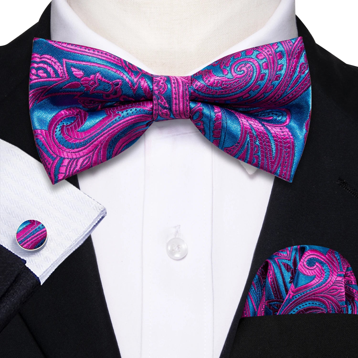 Barry.Wang Silk Bow Tie Hanky Cuffs Set