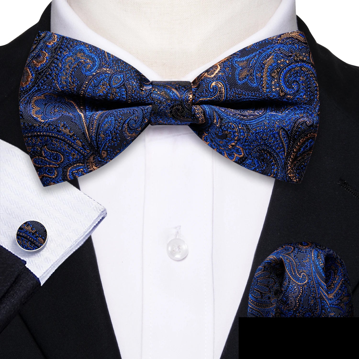 Barry.Wang Silk Bow Tie Hanky Cuffs Set