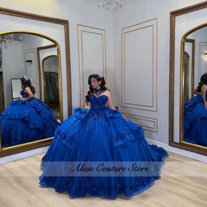 Lace Layering Glitter Decal Long Tail 3D Flower Bow Quinceanera Dress