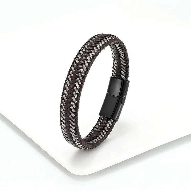 Leather Rope Stainless Steel Buckle Braided Bracelet