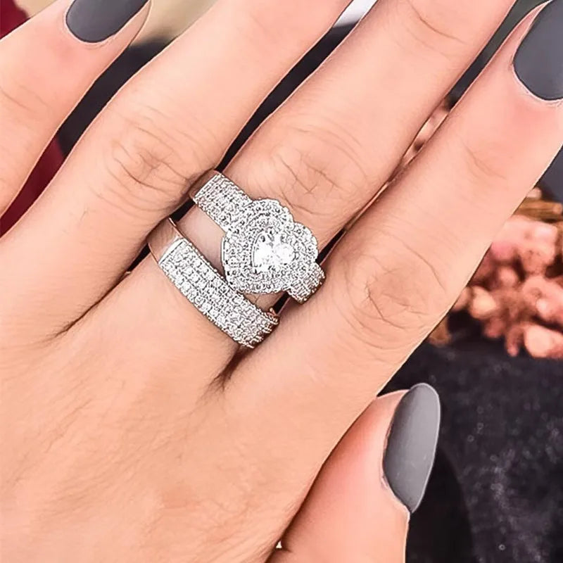 Huitan Eternity Love 2Pcs/Set Cubic Zirconia Heart Rings