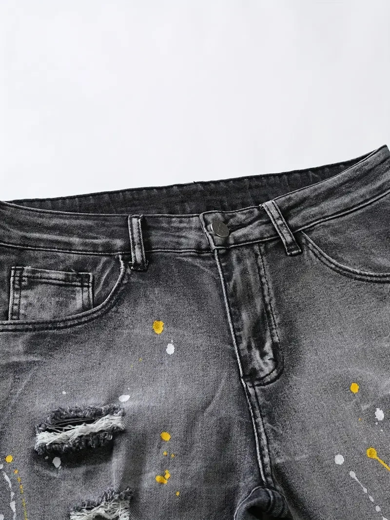 Creative Street Style High Stretch Paint Splatter Ripped Slim Jeans
