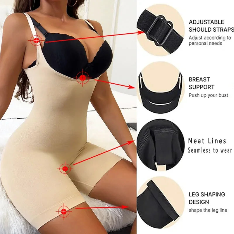 GUUDIA Open Bust Bodysuit Stretchy Spandex Tummy Control Full Back Shapewear Adjustable