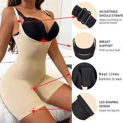 GUUDIA Open Bust Bodysuit Stretchy Spandex Tummy Control Full Back Shapewear Adjustable