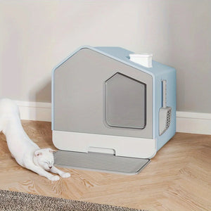 Odor-Free Hooded Cat Litter Box with Mat, Scoop, and Durable Plastic Material
