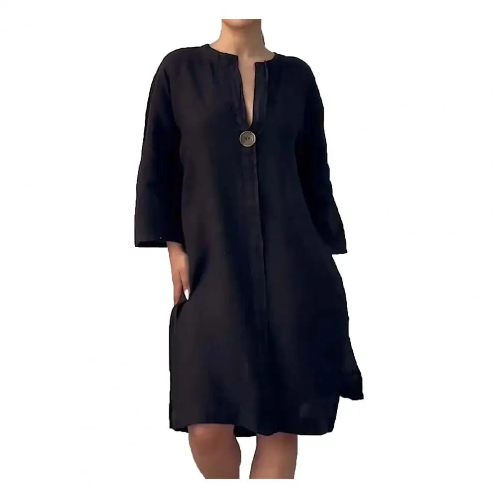 Soft Fabric Button V-neck A-line Midi Dress with Three Quarter Sleeves