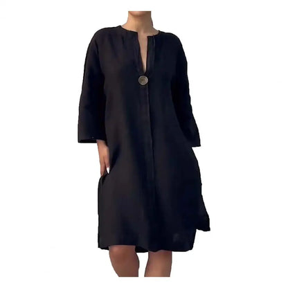 Soft Fabric Button V-neck A-line Midi Dress with Three Quarter Sleeves