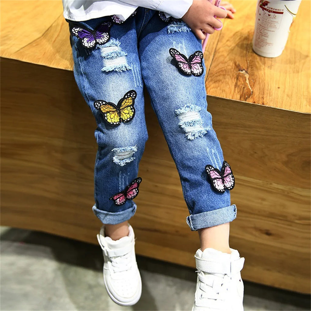 Butterfly Embroidery And Broken Hole Jeans