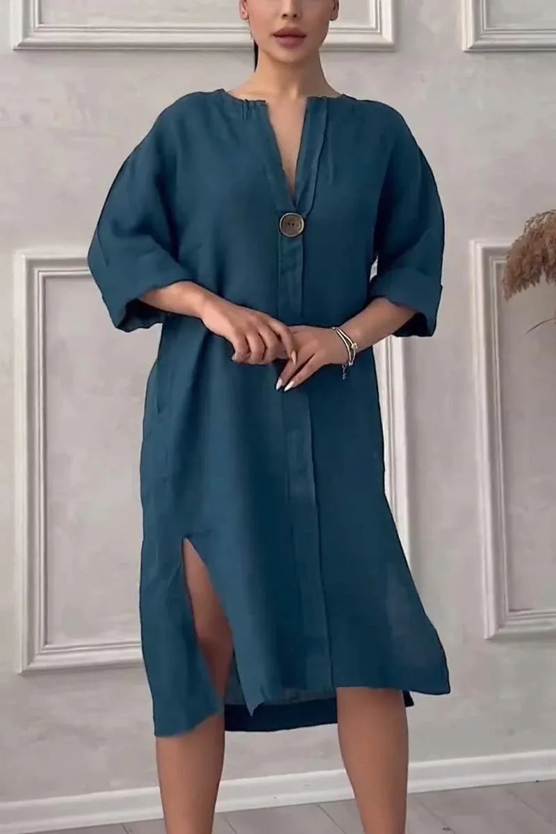 Cotton and Linen Solid Color Casual Round Neck Button Long Dress