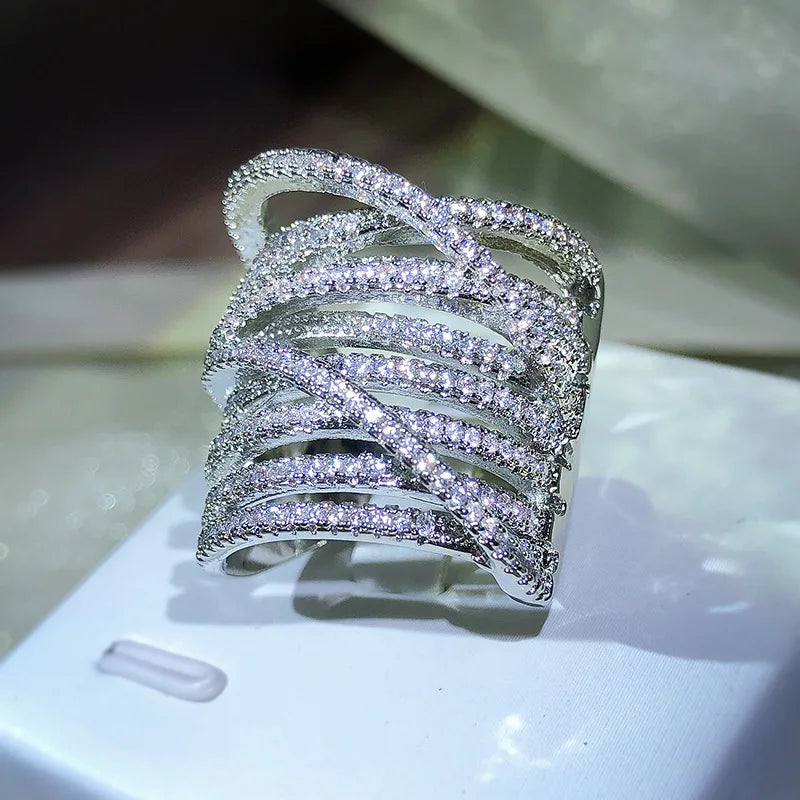 Exaggerated 925 Sterling Silver Stackable Cross Inlaid Full Zircon Ring
