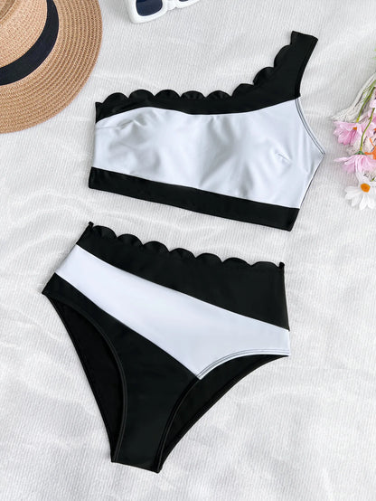 Black & White Patchwork Ruffled One Shoulder High Waist Swimsuit