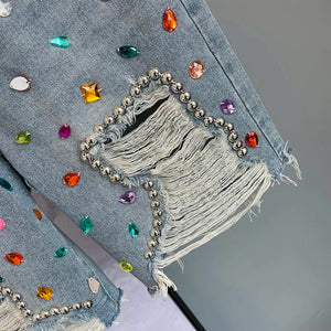 High Waist Diamond Embellished Five-Point Trendy Loose Fit Jeans