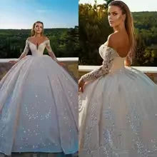 Beaded Appliques Sequined Off Shoulder Wedding Dress with Pleat Sweep Train