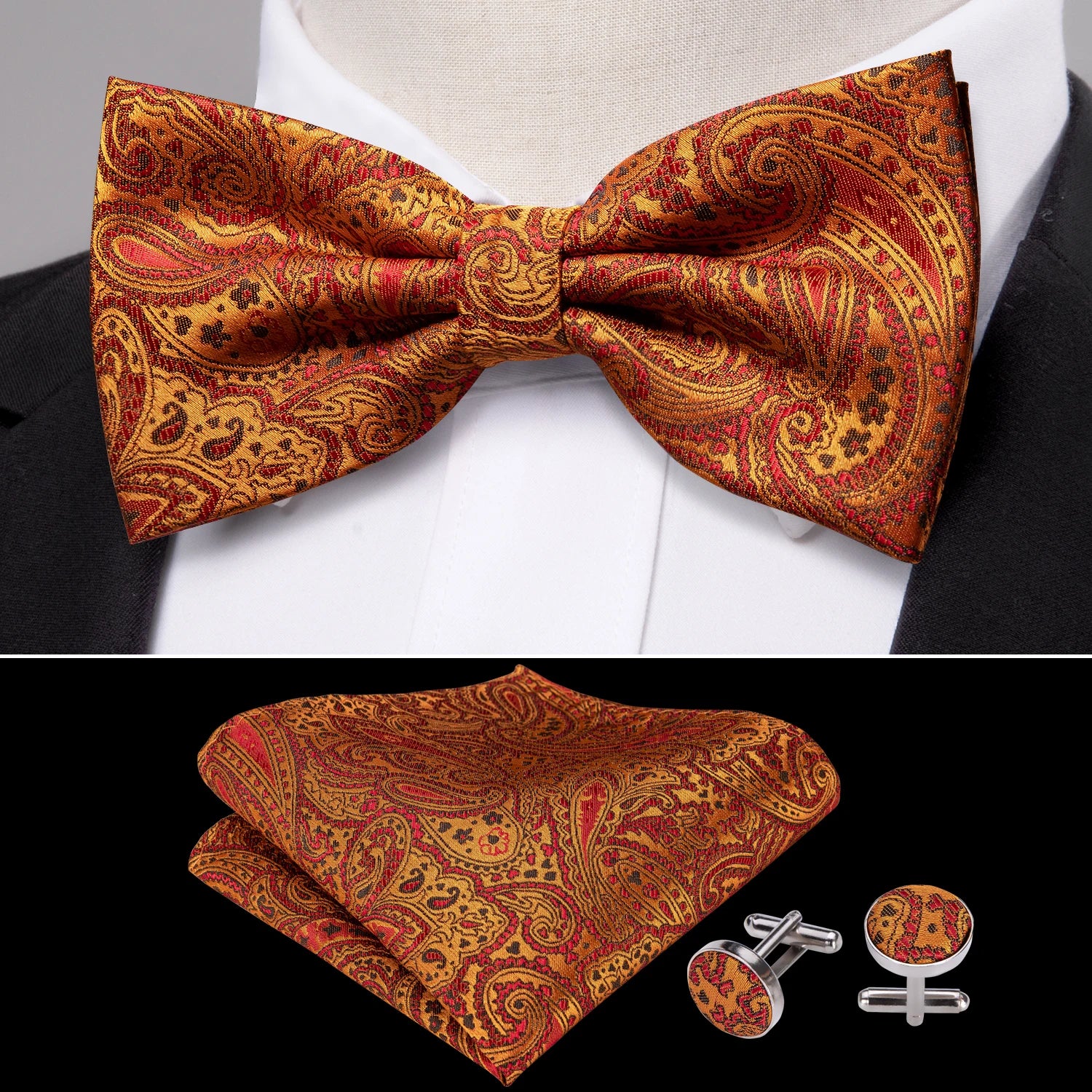 Barry.Wang Silk Bow Tie Hanky Cuffs Set