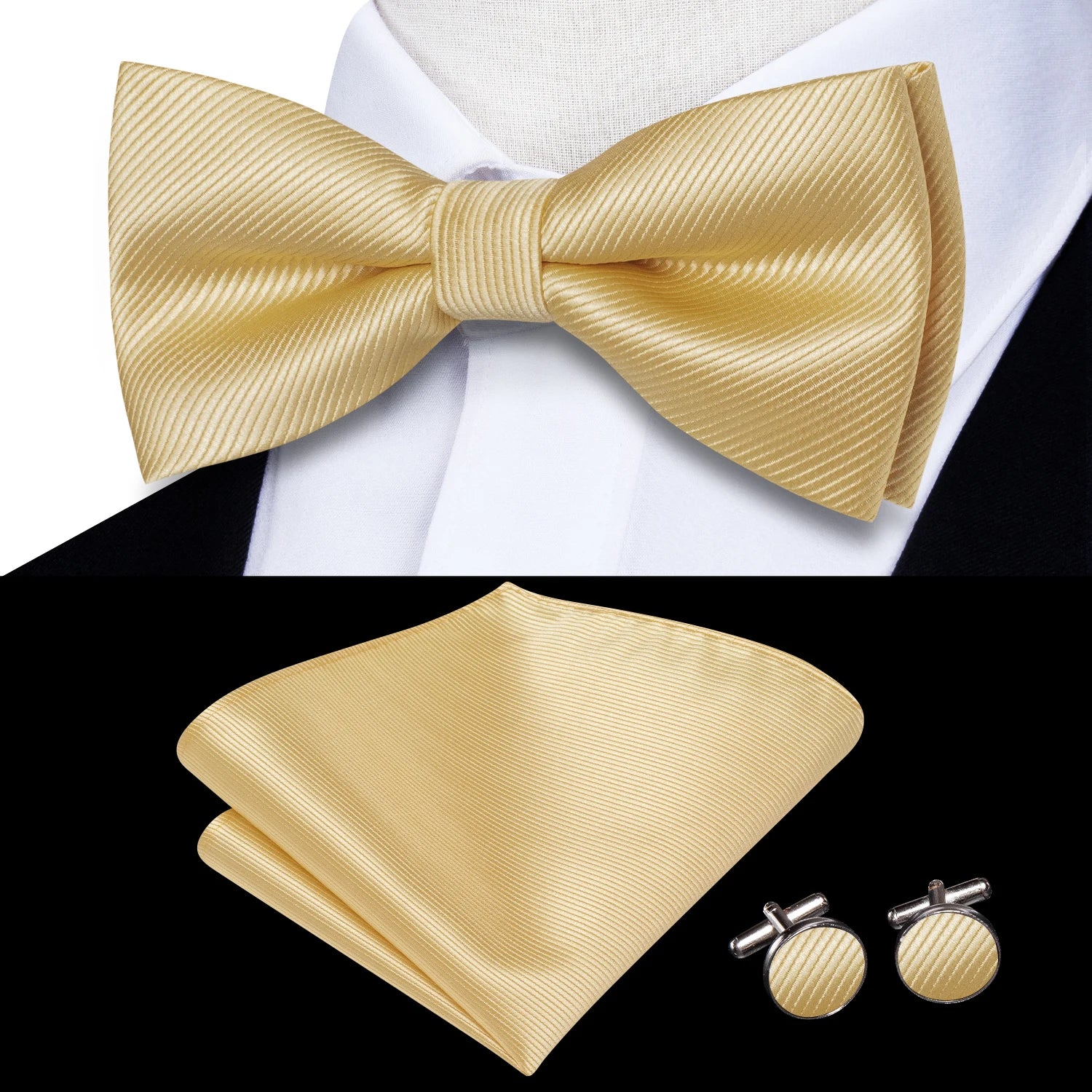 Solid Silk Bow Tie Hanky Cuff Links Set