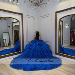 Lace Layering Glitter Decal Long Tail 3D Flower Bow Quinceanera Dress