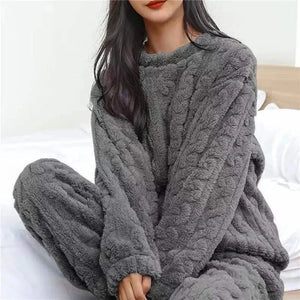 Soft Coral Velvet Jacquard Warm Pajama Set for Women