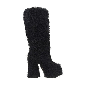 Curly Hair Upper Platform Knee High Boots