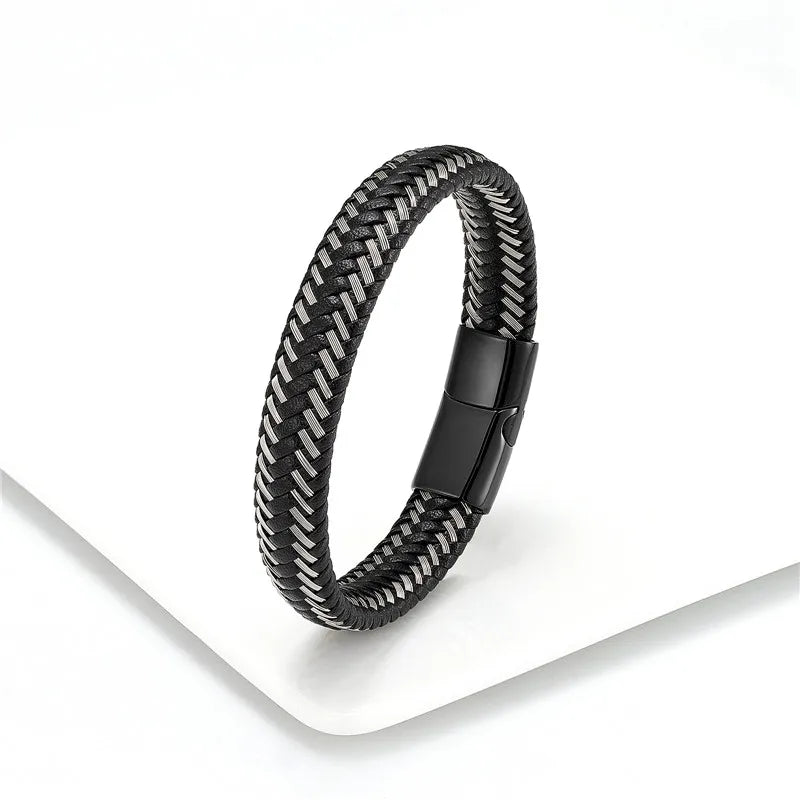 Leather Rope Stainless Steel Buckle Braided Bracelet