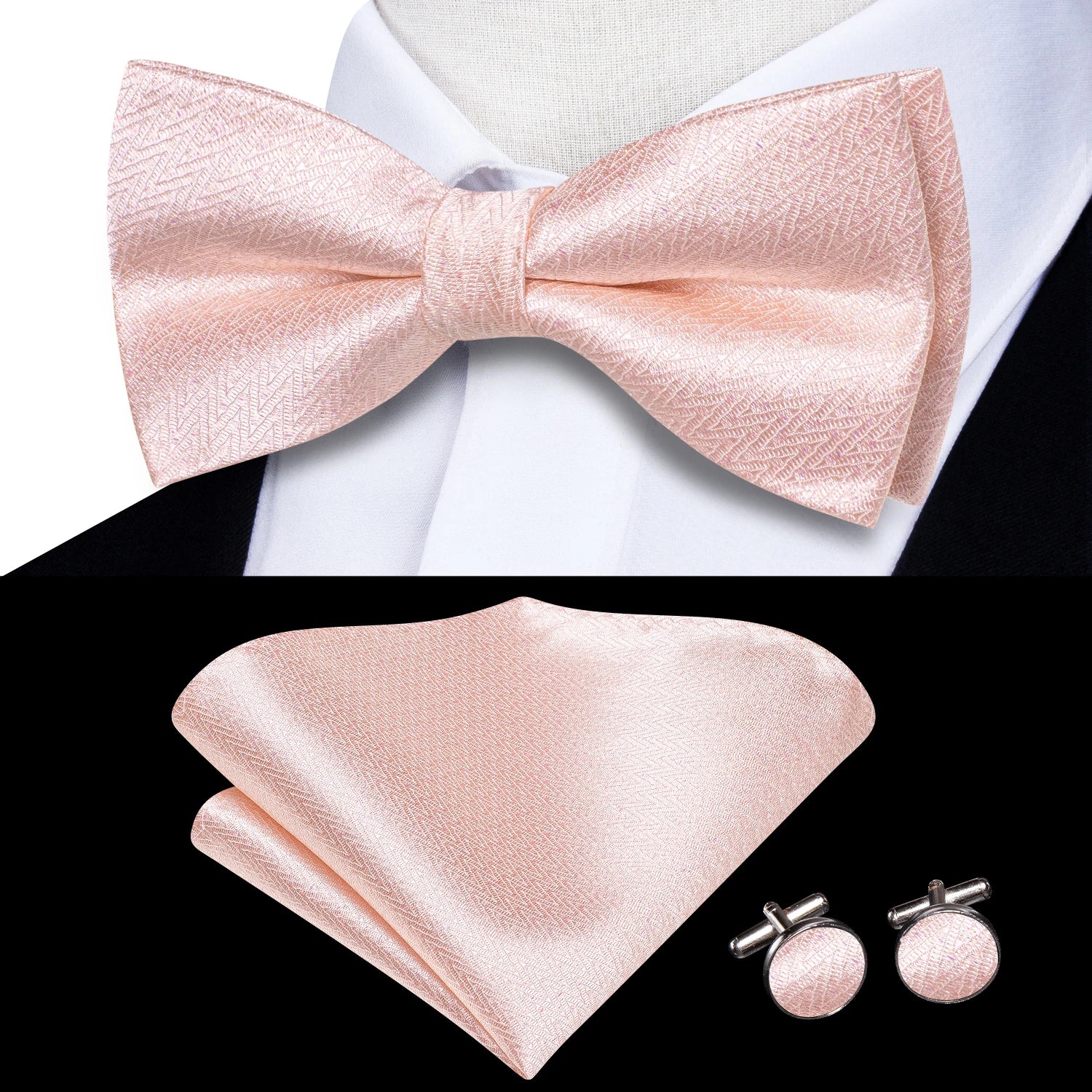 Solid Silk Bow Tie Hanky Cuff Links Set