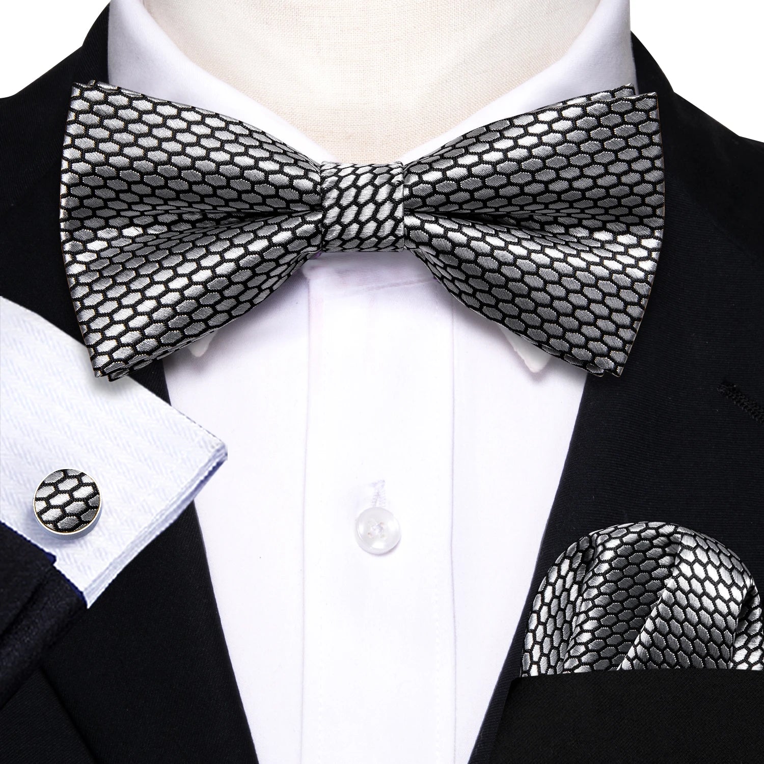 Barry.Wang Silk Bow Tie Hanky Cuffs Set