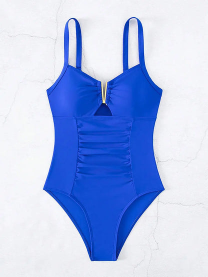 One Piece Solid Color Shoulder Strapped Swimsuit