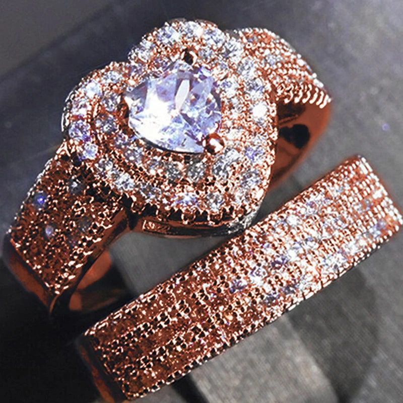 Huitan Eternity Love 2Pcs/Set Cubic Zirconia Heart Rings