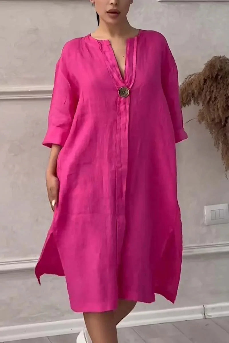 Cotton and Linen Solid Color Casual Round Neck Button Long Dress