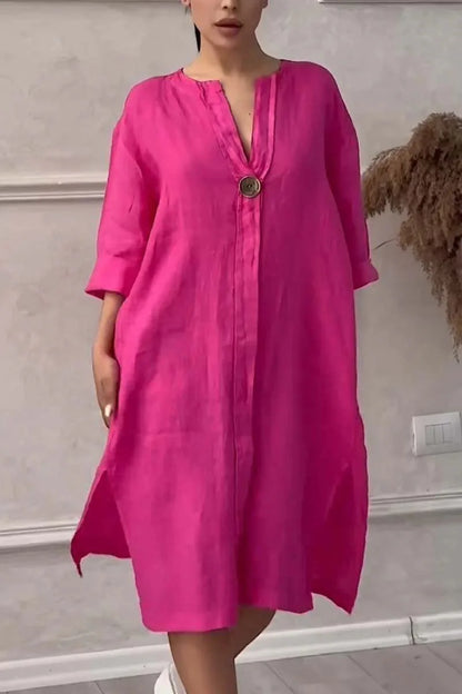 Cotton and Linen Solid Color Casual Round Neck Button Long Dress