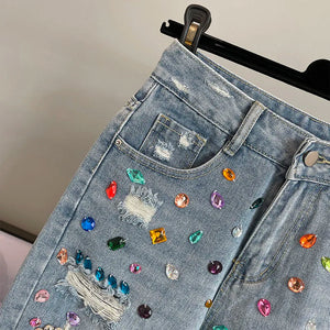 High Waist Diamond Embellished Five-Point Trendy Loose Fit Jeans