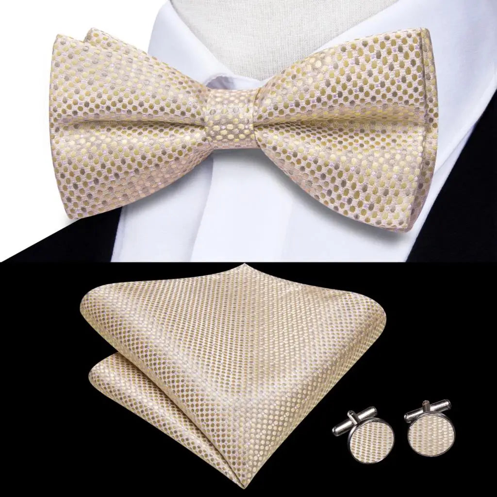 Solid Silk Bow Tie Hanky Cuff Links Set