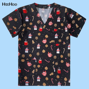 Beautician Cartoon Print Scrub Top