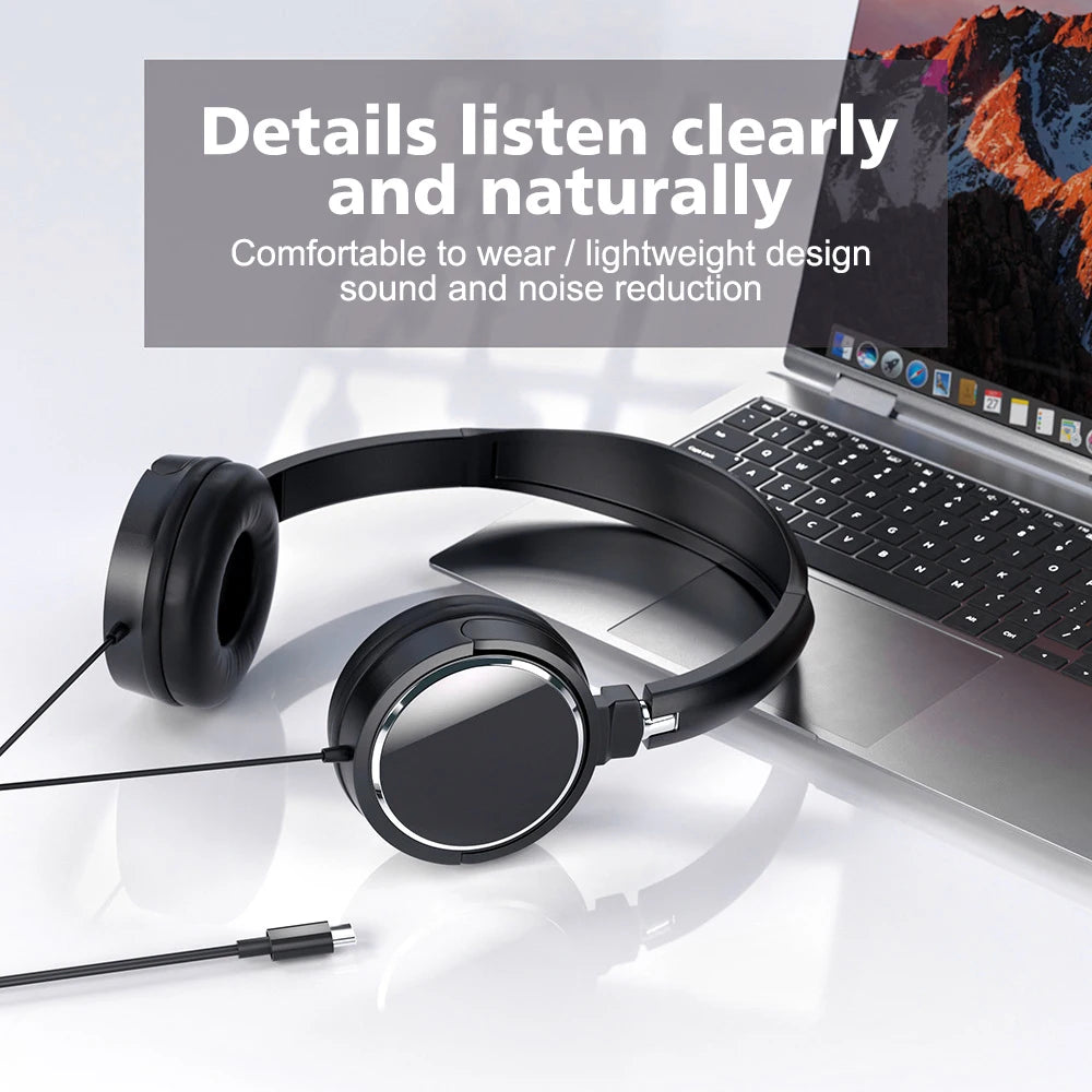 Foldable Adjustable Wired 3.5mm/Type C Bass Stereo Headphones