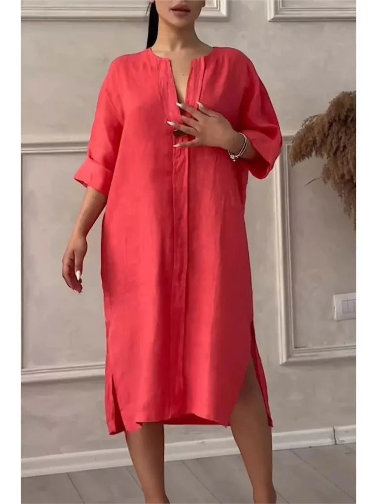 Long Sleeve Linen Solid Color Dress