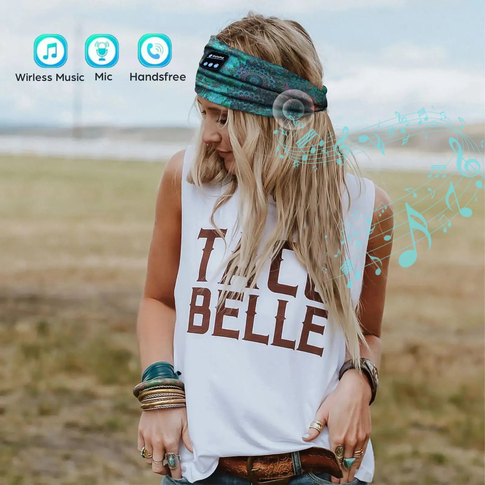 Wireless Bluetooth Floral Print Headband Headphones with Headset Microphone