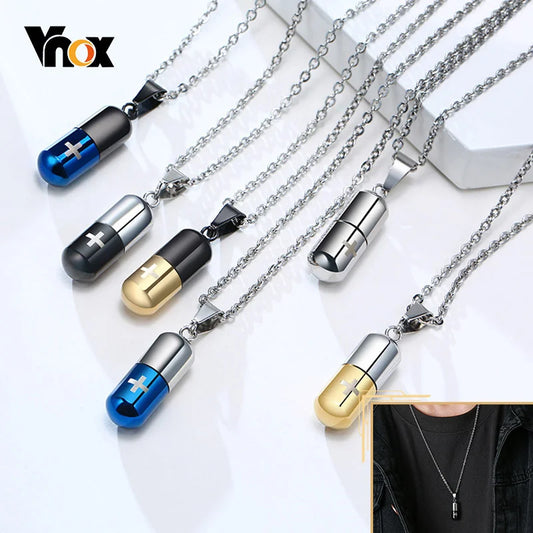 Vnox Hollow Pill Cross Engraved Cremation Urn Necklace