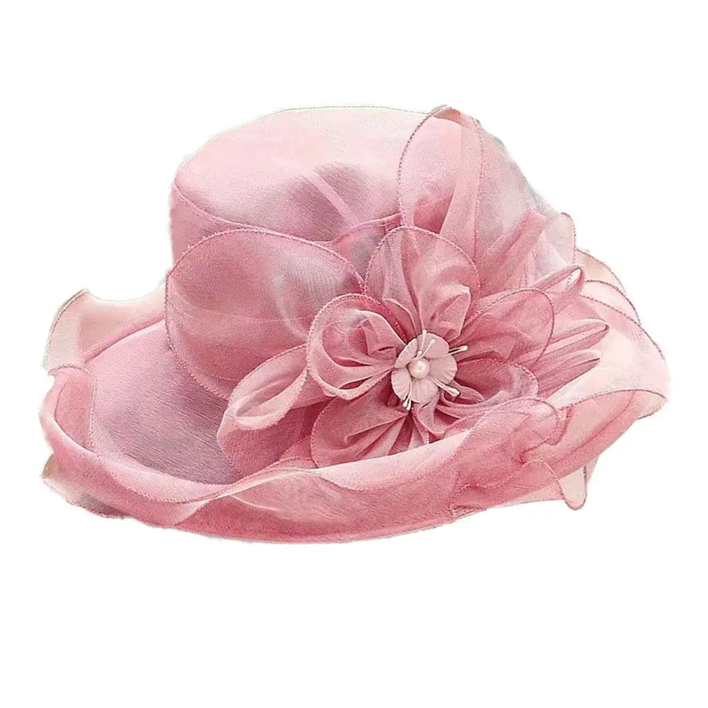 Organza Mesh Flower Embellished Wide Brim Hat
