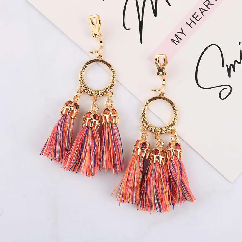 Trendy Bohemian Statement Tassel Clip On Earrings