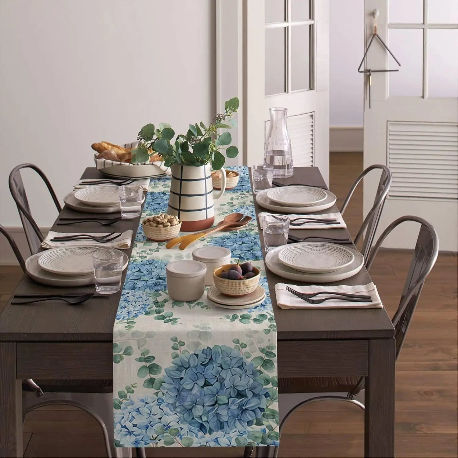 Blue Hydrangea Eucalyptus Plant Linen Table Runners