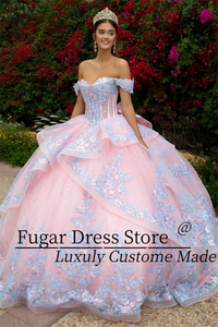 Embroidered Applique Long Off-shoulder Dress with A-line Layered Skirt
