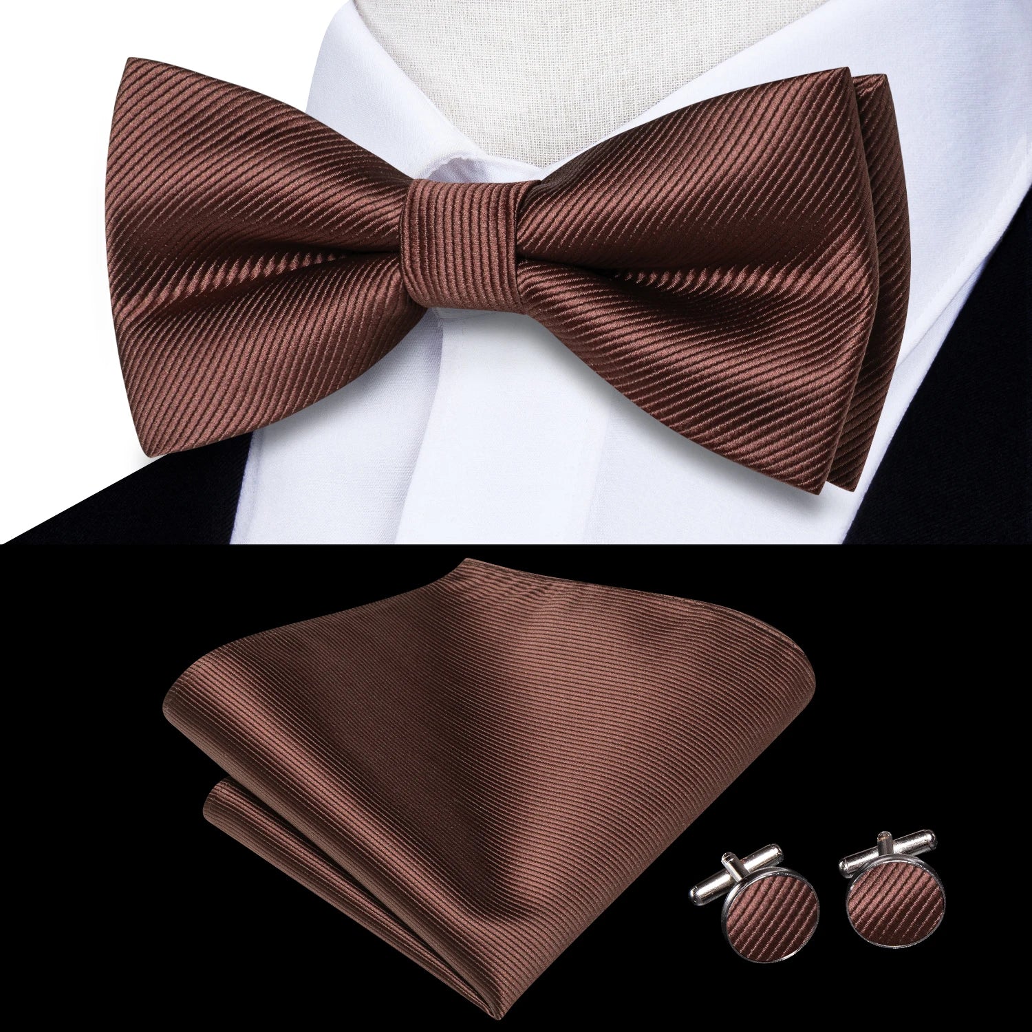 Solid Silk Bow Tie Hanky Cuff Links Set
