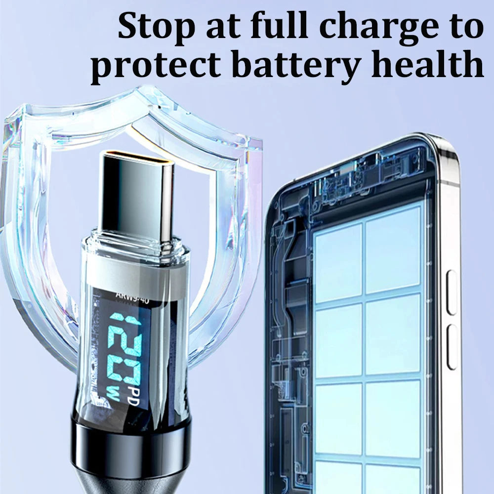 6A USB C To USB C Cable Digital Display PD 120W Fast Charging