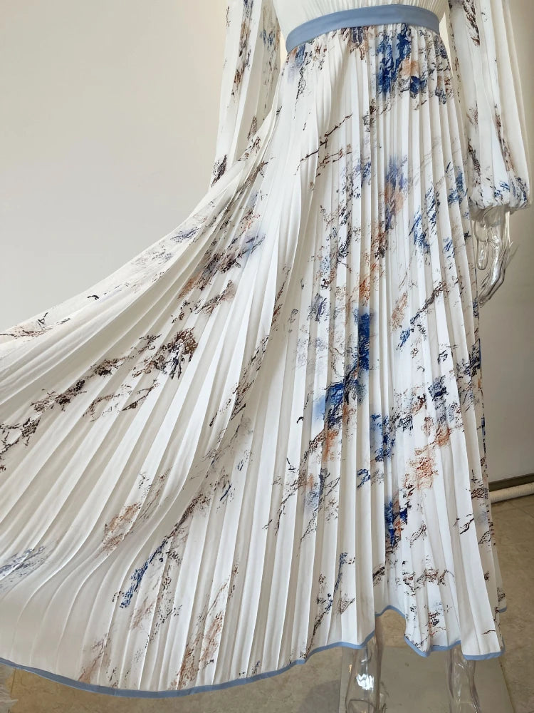 Sleeveless Floral Print High Waist A-Line Pleated Dress