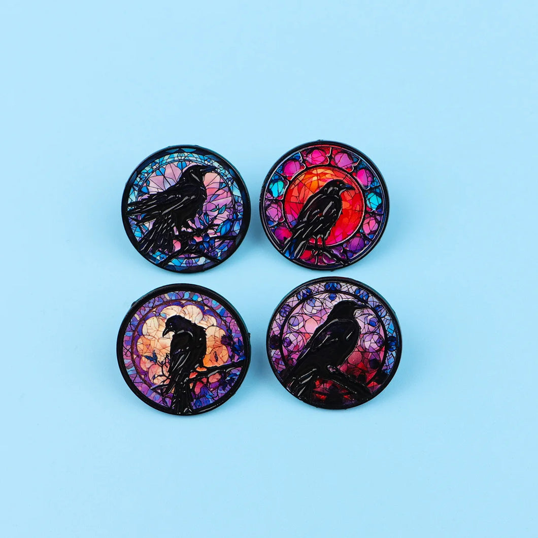 Crow Enameled Round Broch Lapel Pins