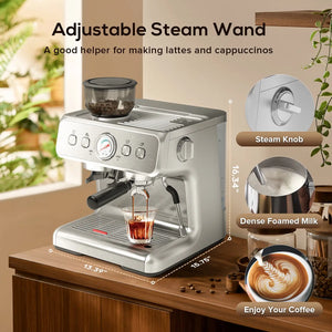 15 Bar Semi-Automatic Espresso/Coffee Machine with Conical Burr Grinder and Steam Wand